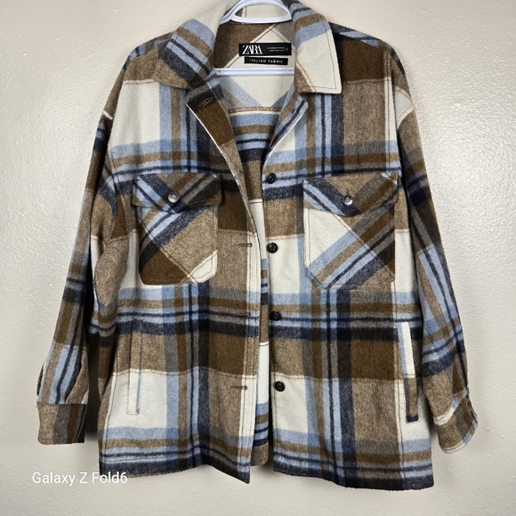 Zara Other - Zara Italian Fabric Wool Blend Plaid Shacket Brown Blue — Men’s Medium Layering